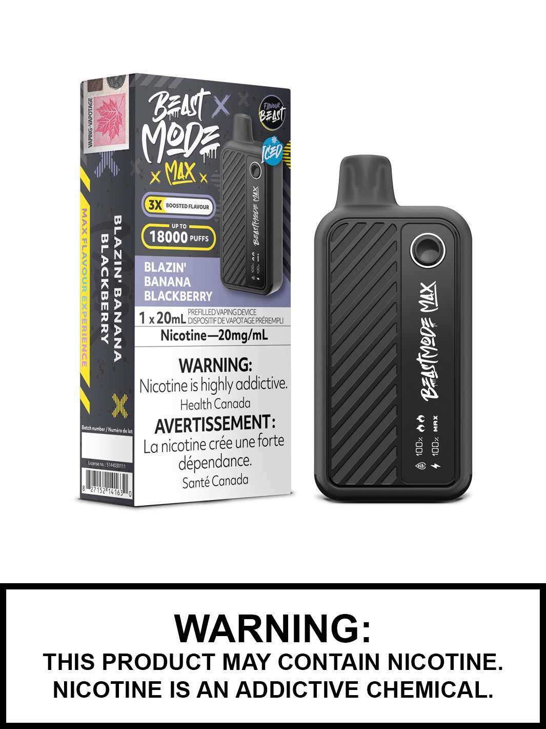 Blazin Banana Blackberry iced Flavour Beast Beast Mode Max Disposable Vape, Vape360 Canada