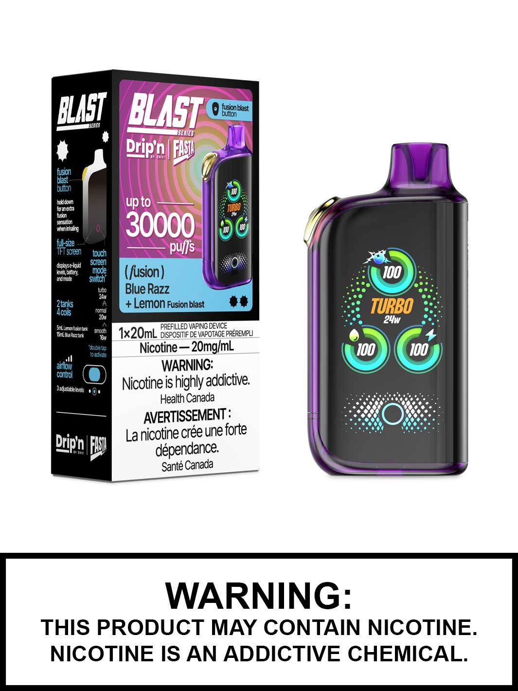 Blue Razz and Lemon Dripn Blast Fusion 30K Disposable Vape by Envi and Fasta, Dripn Vape, Vape360 Canada