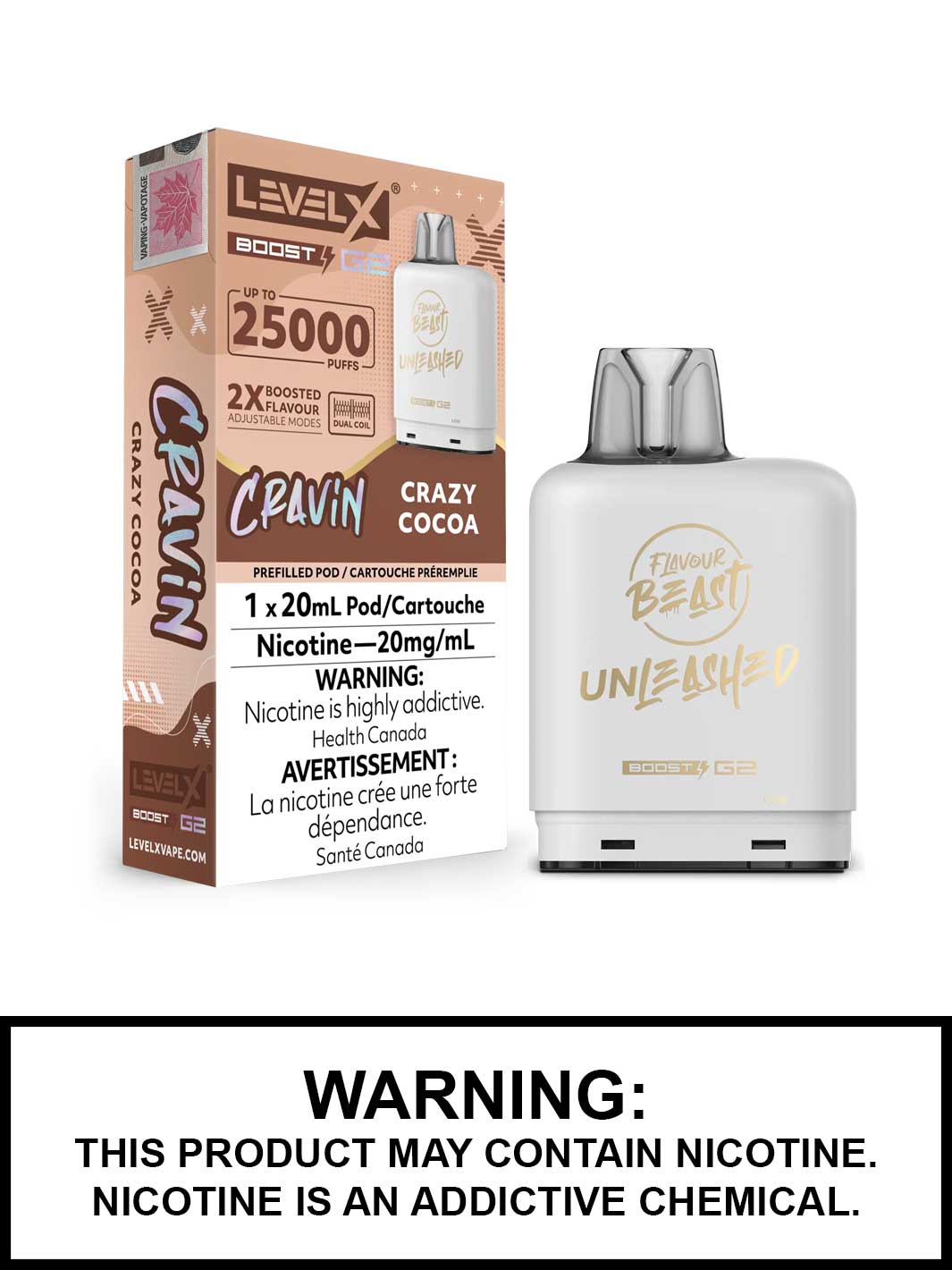 Crazy Cocoa Unleashed Flavour Beast Level X Boost G2 Pods, Level X Vape, Vape360 Canada