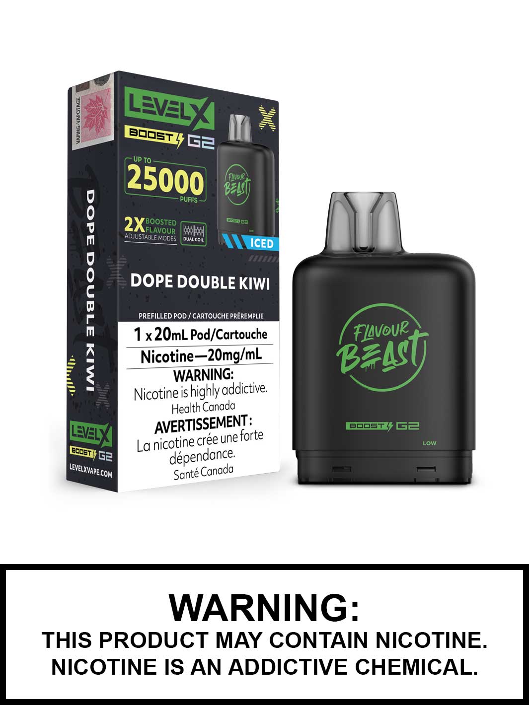 Dope Double Kiwi Iced Flavour Beast Level X Boost G2 Pods, Level X Vape, Vape360 Canada