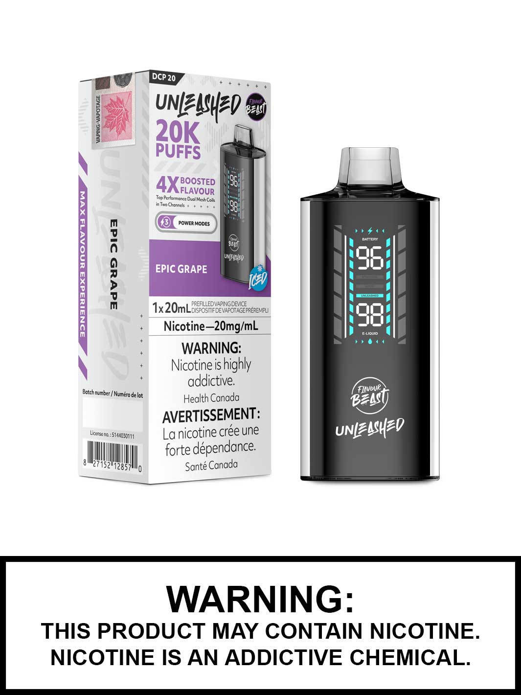 Epic Grape Iced Flavour Beast Unleashed DCP 20 Disposable Vape, Flavour Beast Vape, Vape360 Canada