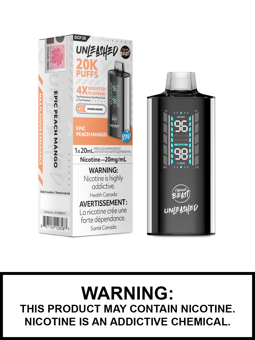 Epic Peach Mango Iced Flavour Beast Unleashed DCP 20 Disposable Vape, Flavour Beast Vape, Vape360 Canada