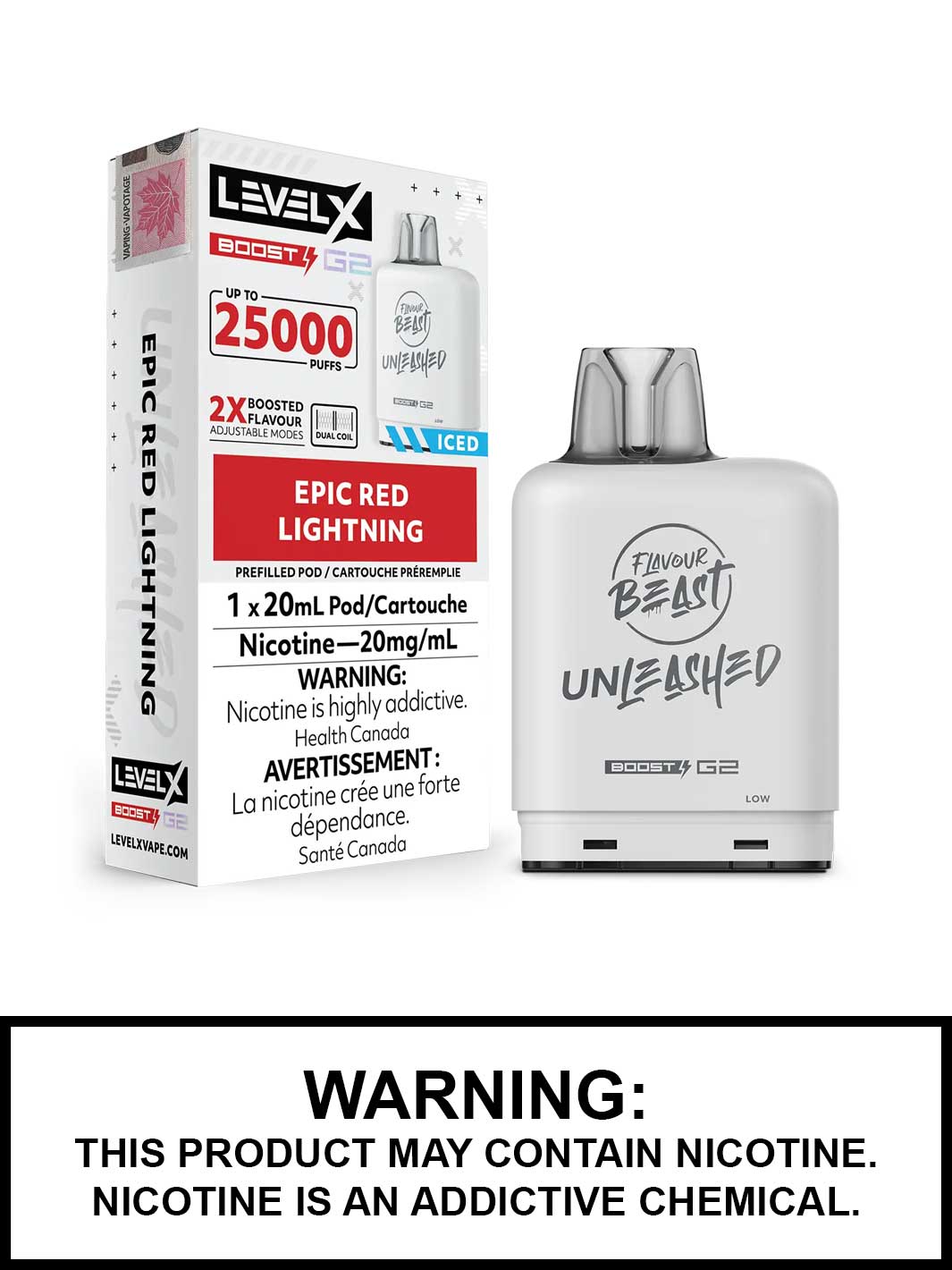 Epic Red Lightning Iced Flavour Beast Unleashed Level X Boost G2 Pods, Level X Vape, Vape360 Canada