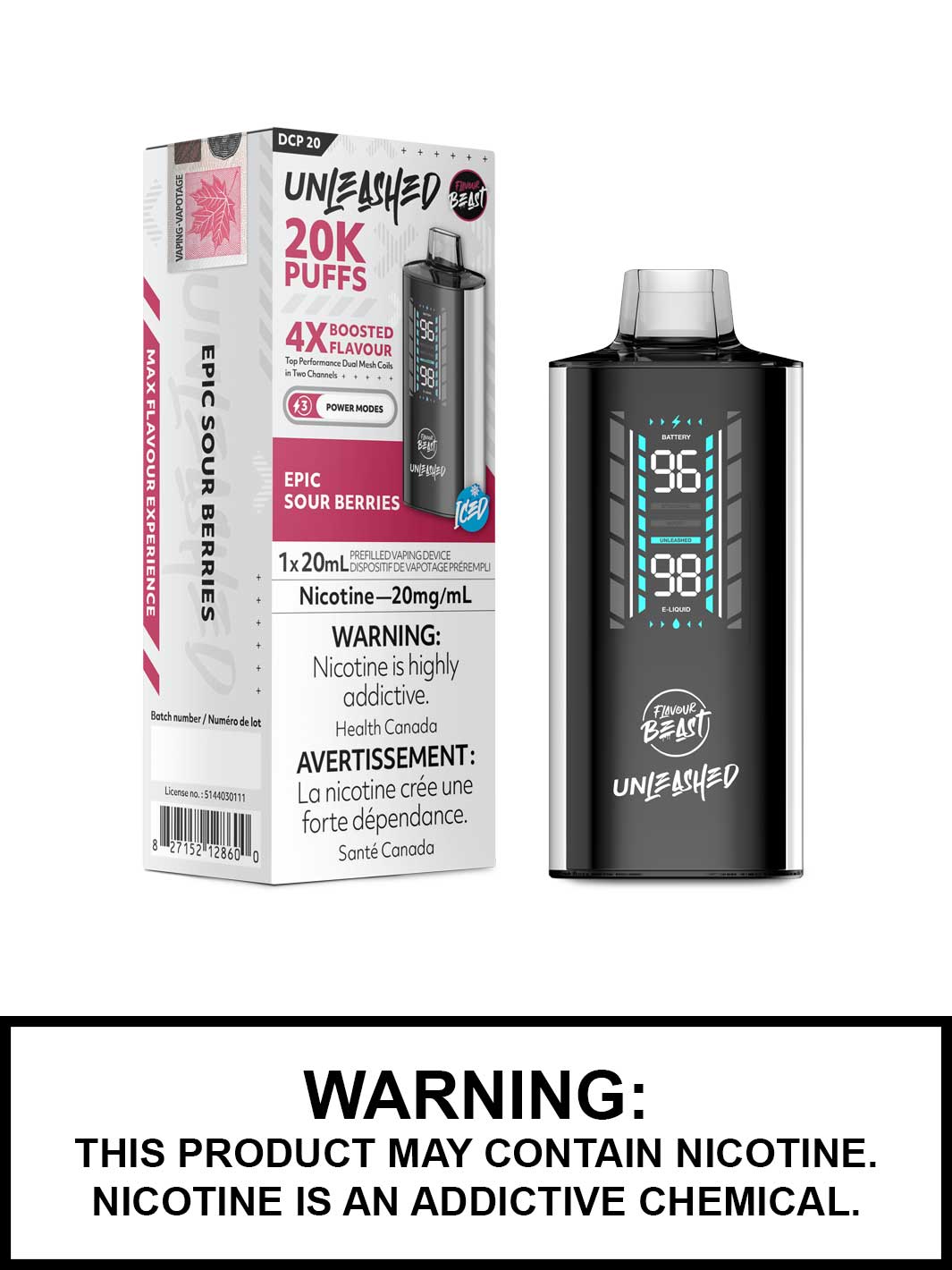 Epic Sour Berries Iced Flavour Beast Unleashed DCP 20 Disposable Vape, Flavour Beast Vape, Vape360 Canada