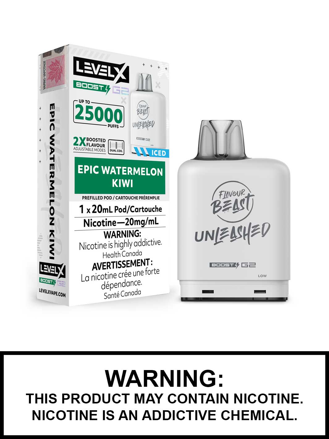 Epic Watermelon Kiwi Iced Flavour Beast Level X Pods, Unleashed Boost G2 Pods, Flavour Beast Pods, Vape360 Canada