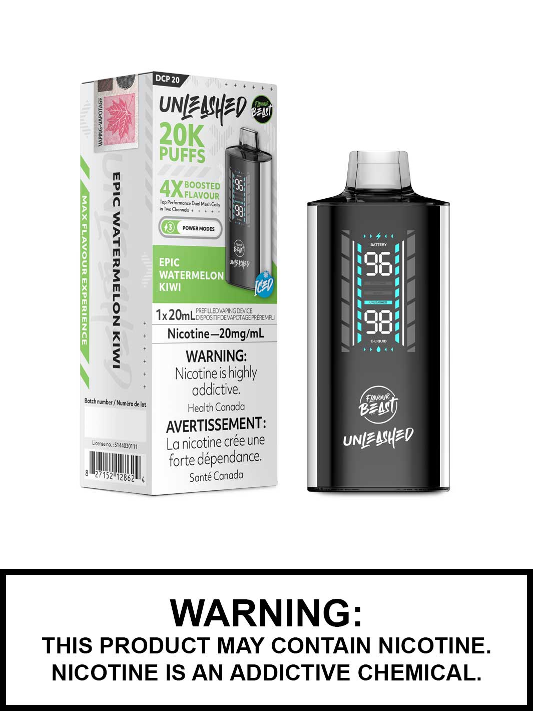 Epic Watermelon Kiwi Iced Flavour Beast Unleashed DCP 20 Disposable Vape, Flavour Beast Vape, Vape360 Canada