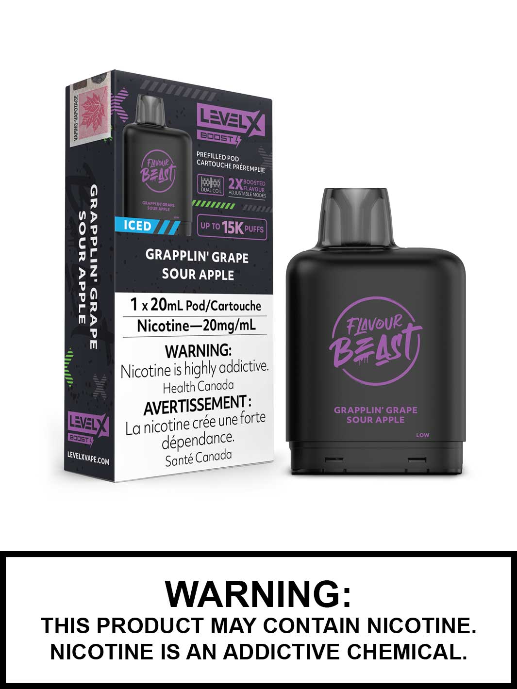 Grapplin Grape Sour Apple Iced Flavour Beast Level X Boost Pods, Level X Vape, Vape360 Canada