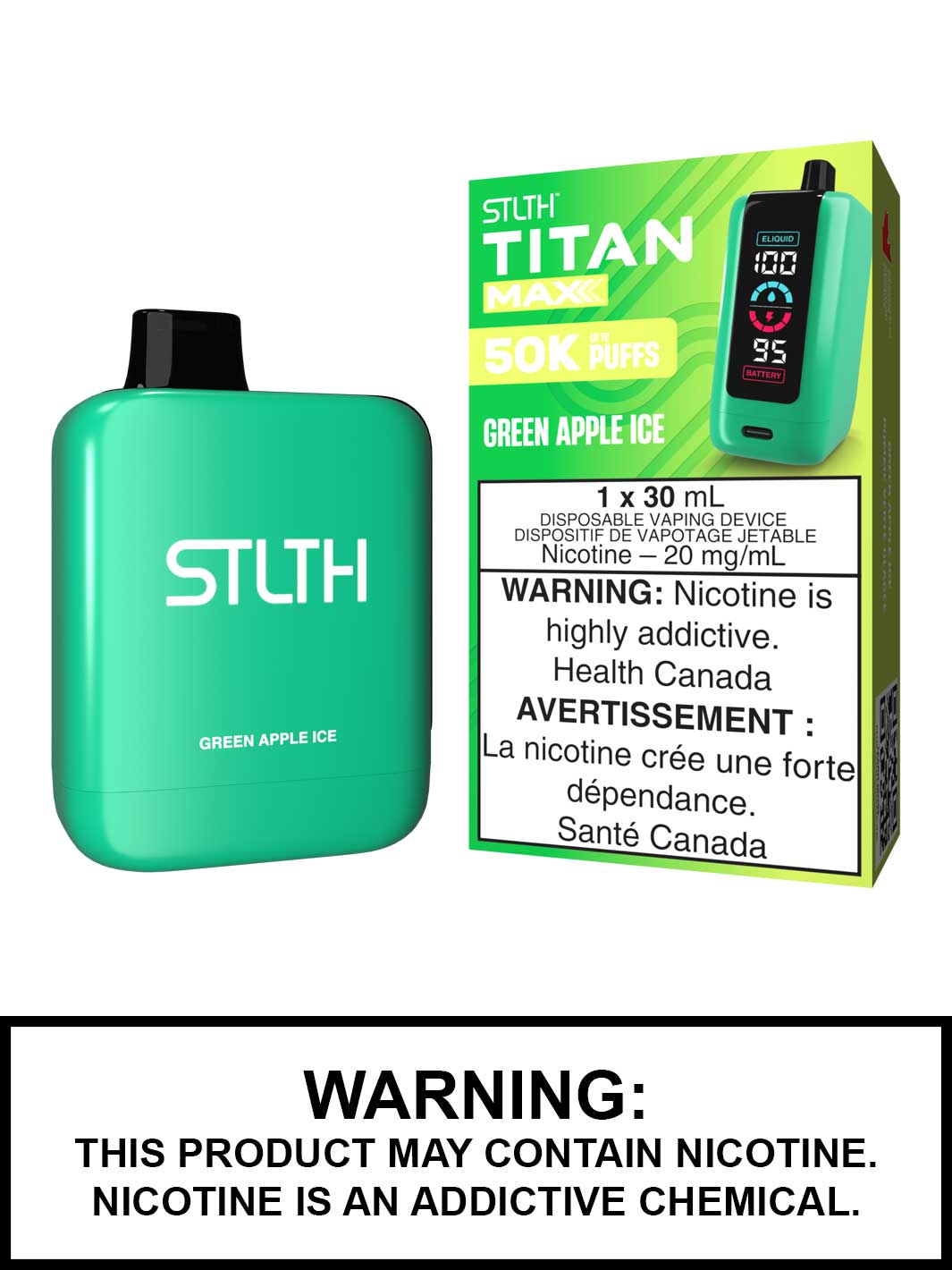 Green Apple Ice STLTH Titan Max Disposable Vape, 50K STLTH Vape, Vape360 Canada