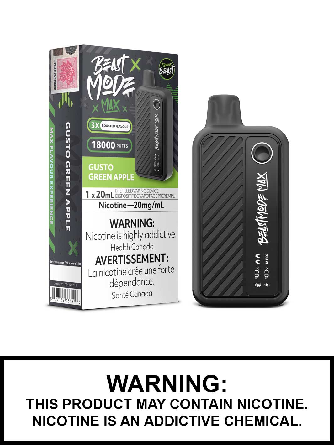 Gusto Green Apple Flavour Beast Beast Mode Max Disposable Vape, Vape360 Canada