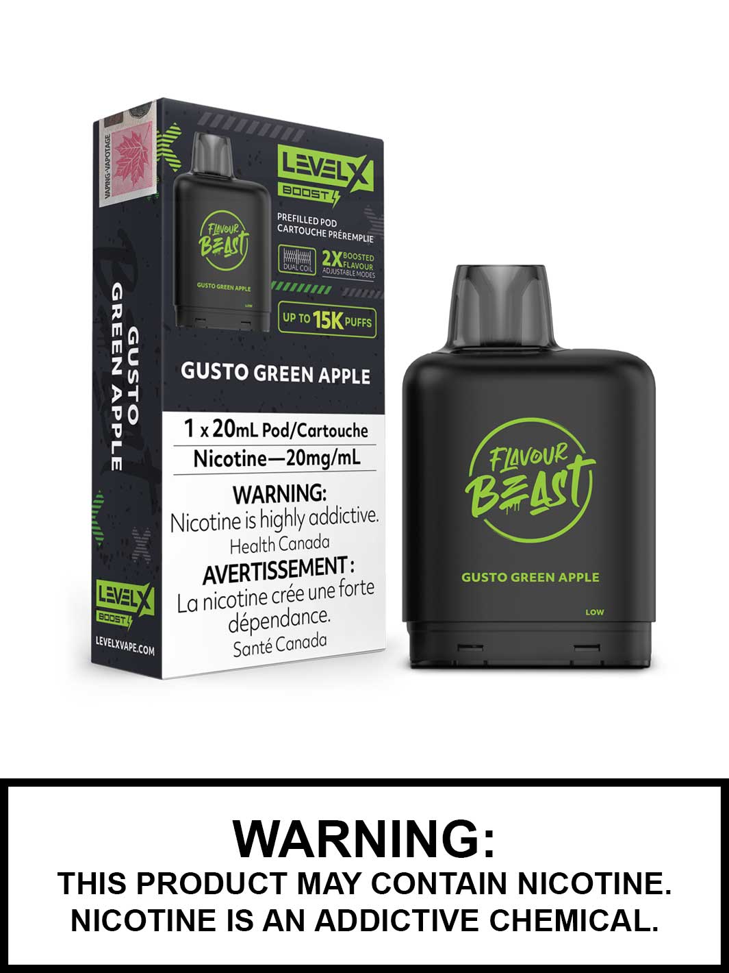 Gusto Green Apple Flavour Beast Level X Boost Pods, Level X Vape, Vape360 Canada