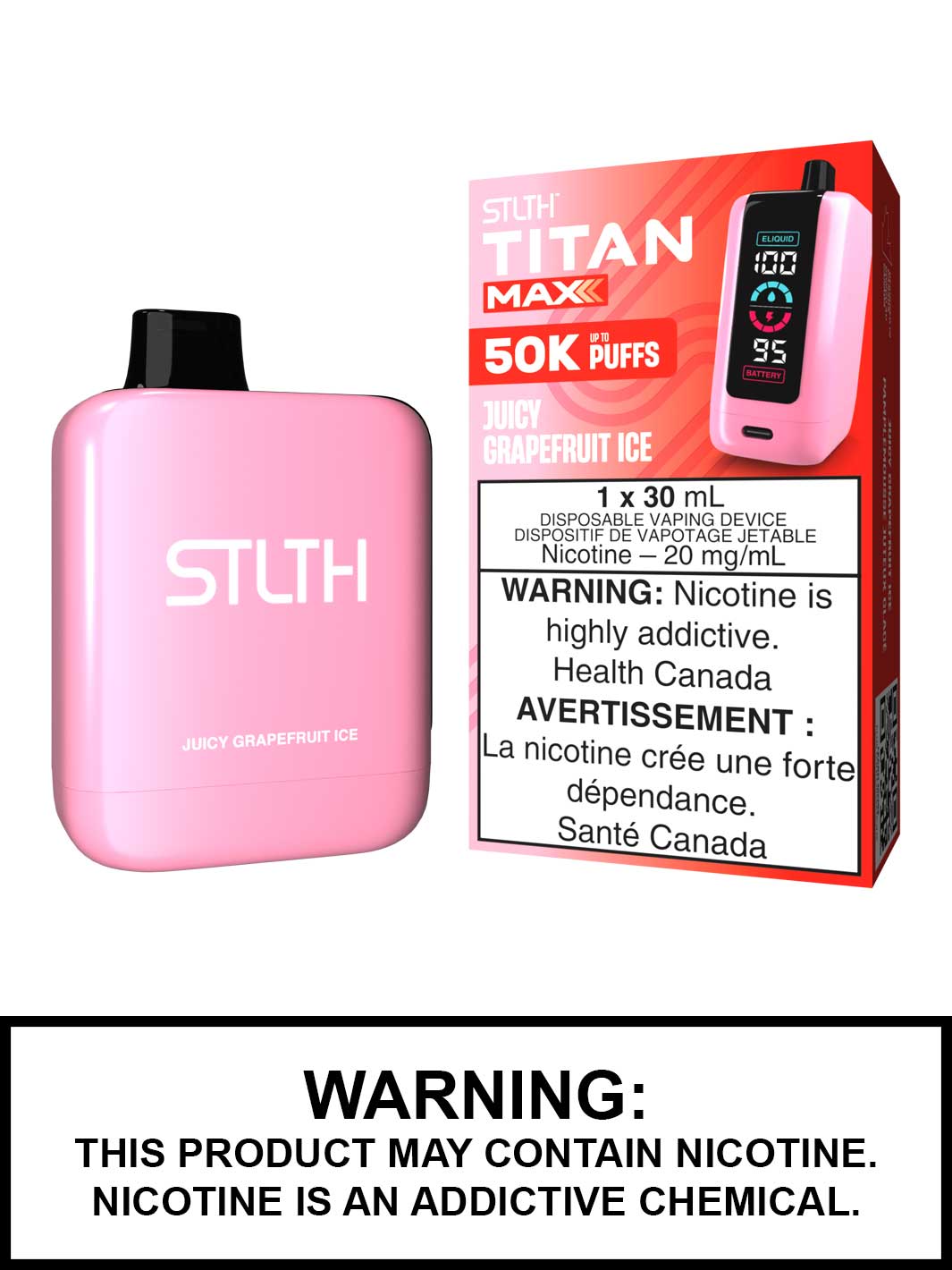 Juicy Grapefruit Ice STLTH Titan Max Disposable Vape, 50K STLTH Vape, Vape360 Canada