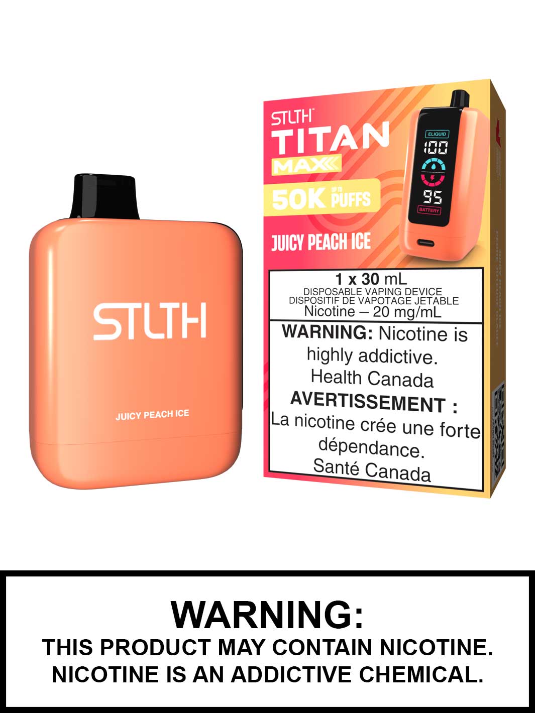 Juicy Peach Ice STLTH Titan Max Disposable Vape, 50K STLTH Vape, Vape360 Canada