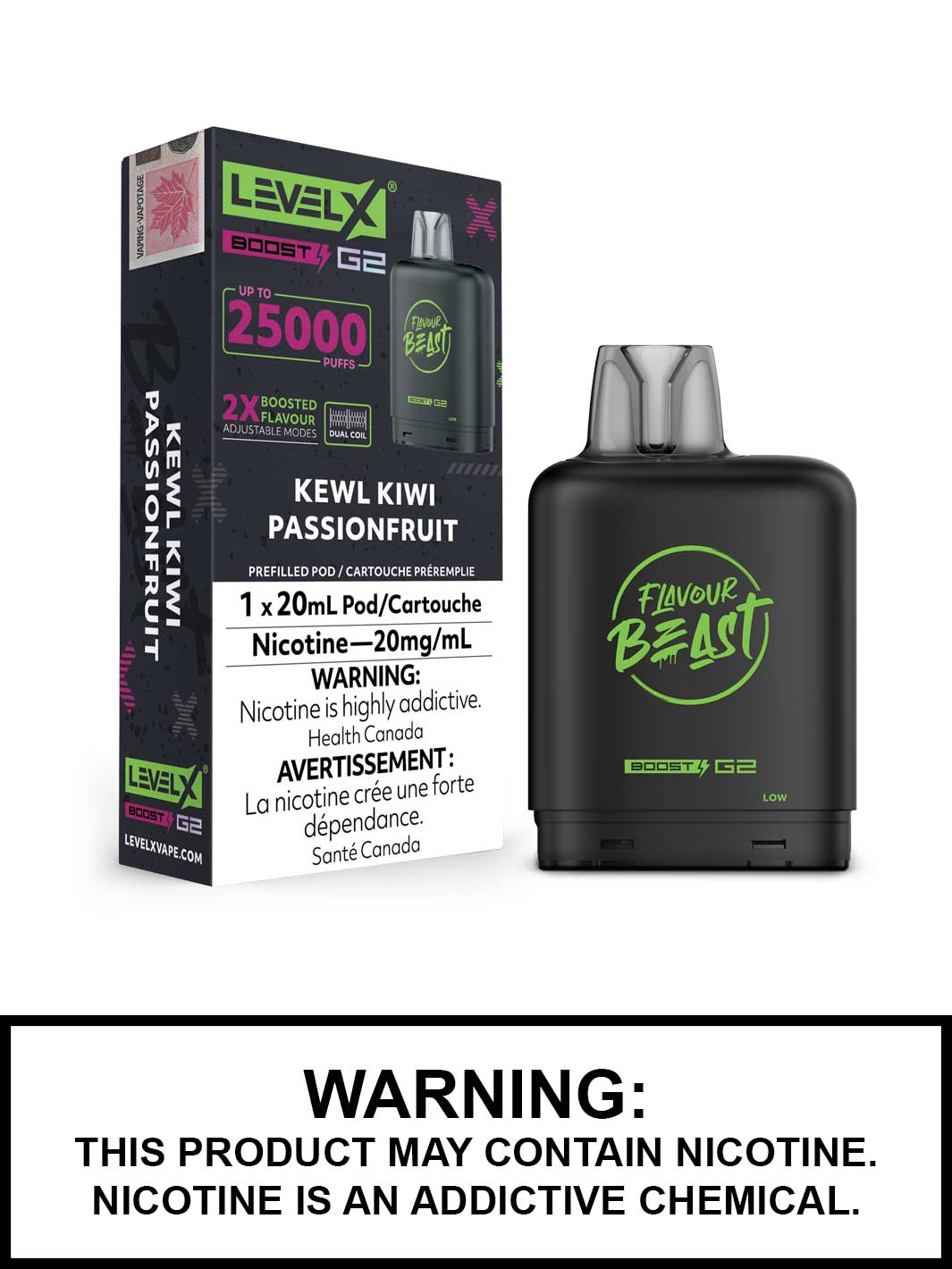 Kewl Kiwi Passionfruit Flavour Beast Level X Boost G2 Pods, Level X Vape, Vape360 Canada