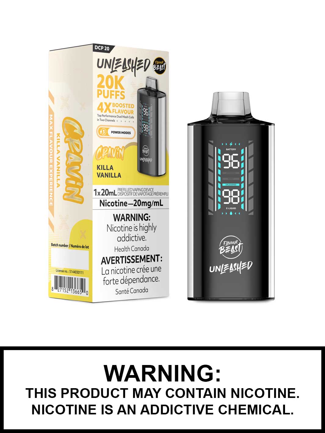 Killa Vanilla Flavour Beast Unleashed DCP 20 Disposable Vape, Flavour Beast Vape, Vape360 Canada