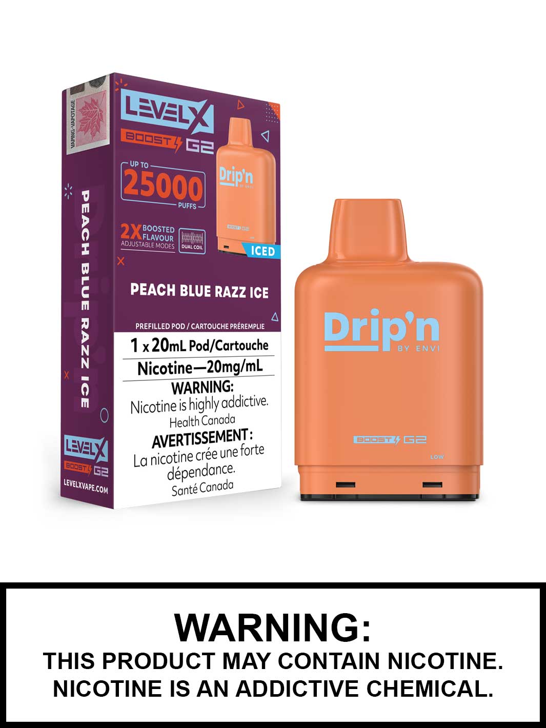 Peach Blue Razz Ice Drip'n Level X Boost G2 Pods, Level X Vape, Vape360 Canada