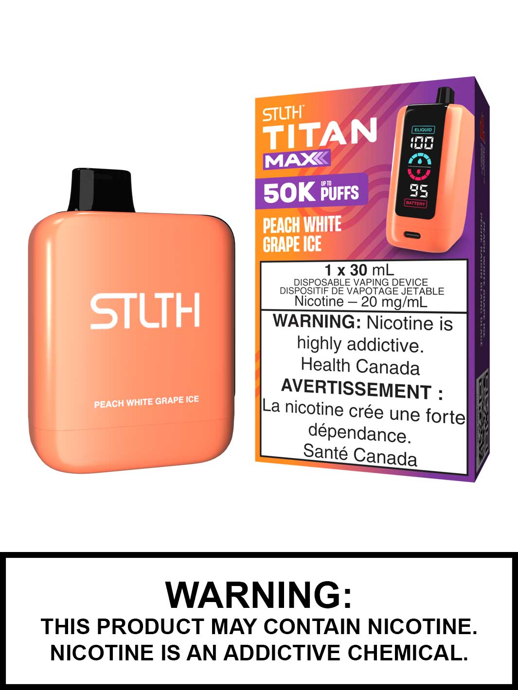 Peach White Grape Ice STLTH Titan Max Disposable Vape, 50K STLTH Vape, Vape360 Canada