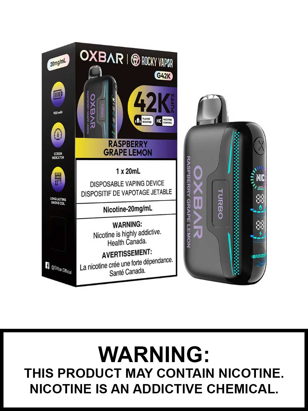 Raspberry Grape Lemon Oxbar G42K Disposable Vape, Oxbar Rocky Vapor, Oxbar Vape, Vape360 Canada