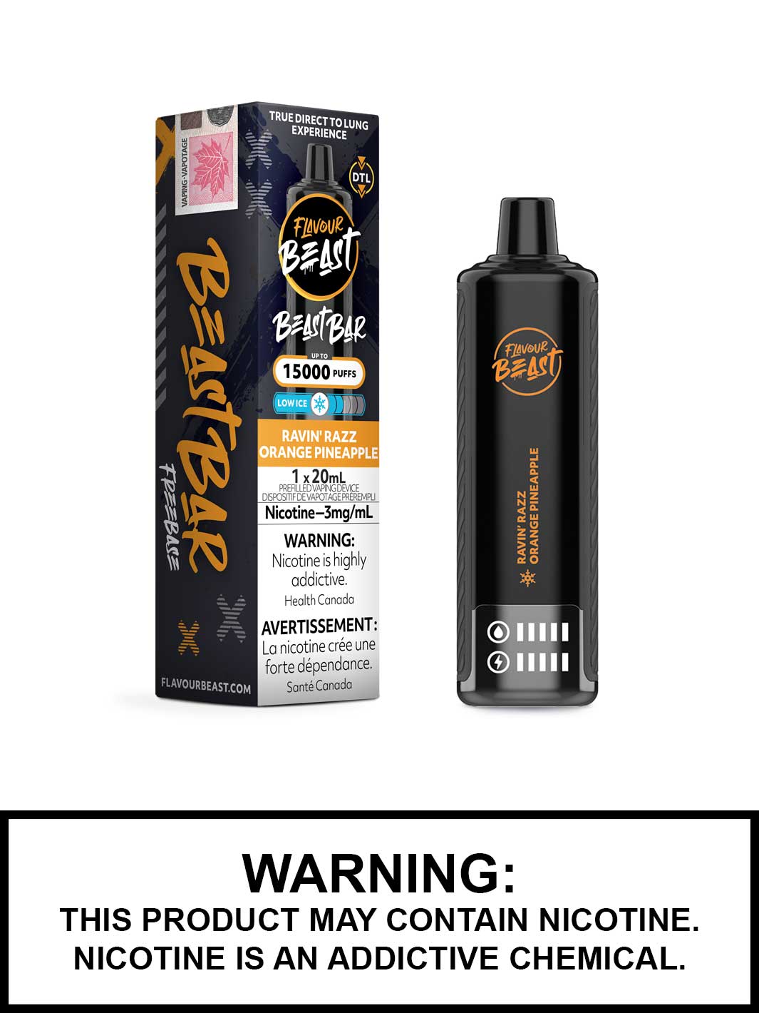 Ravin Razz Orange Pineapple Low Ice Flavour Beast Beast Bar 15K Disposable Vape, Flavour Beast Vape, Vape360 Canada