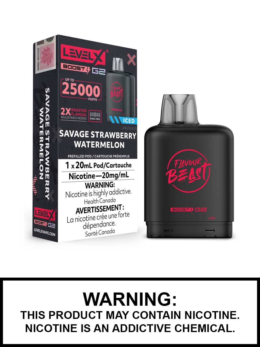 Savage Strawberry Watermelon Iced Flavour Beast Level X Boost G2 Pods, Level X Vape, Vape360 Canada