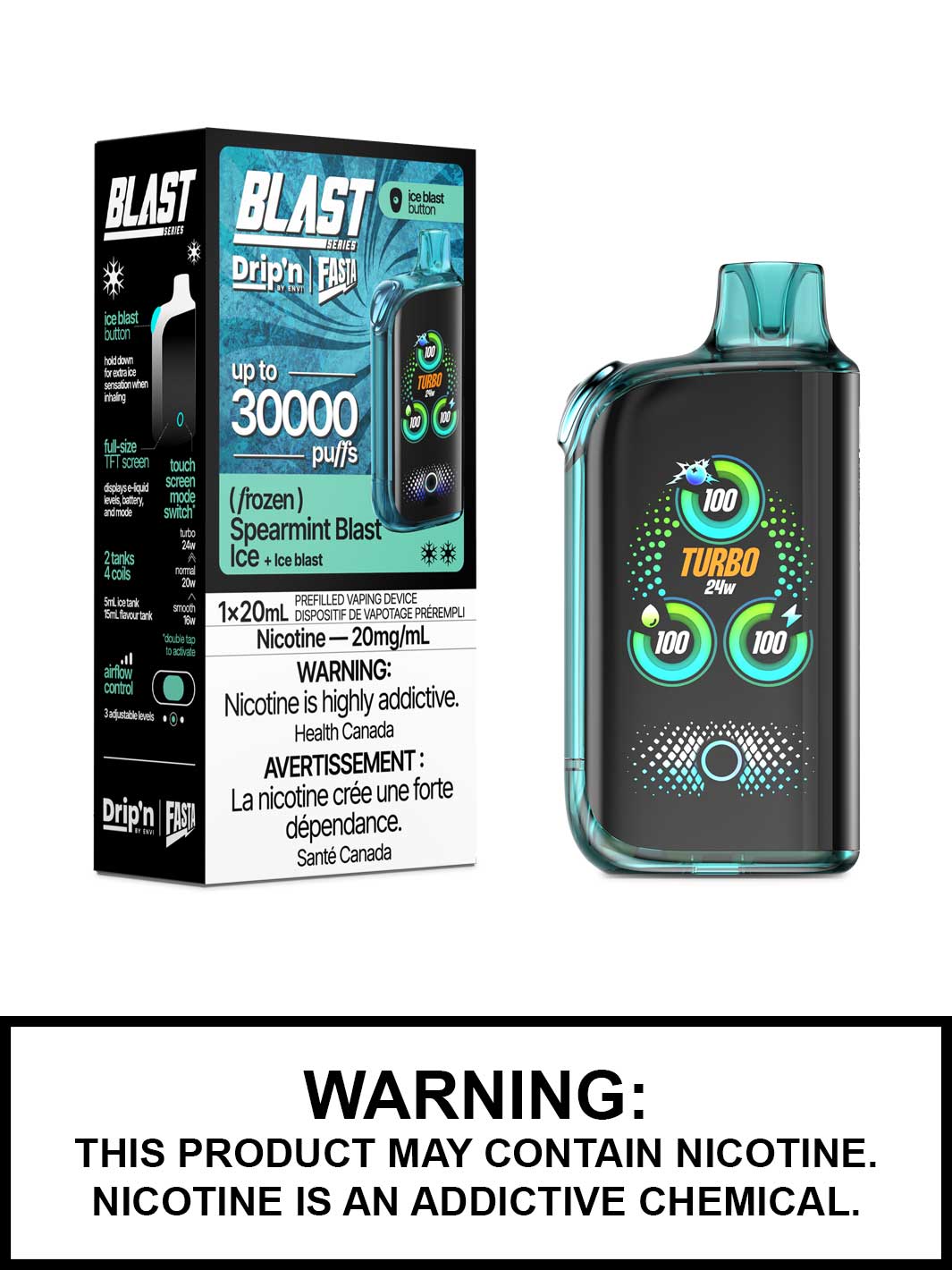 Spearmint Blast Ice Dripn Blast 30K Disposable Vape by Envi and Fasta, Dripn Vape, Vape360 Canada