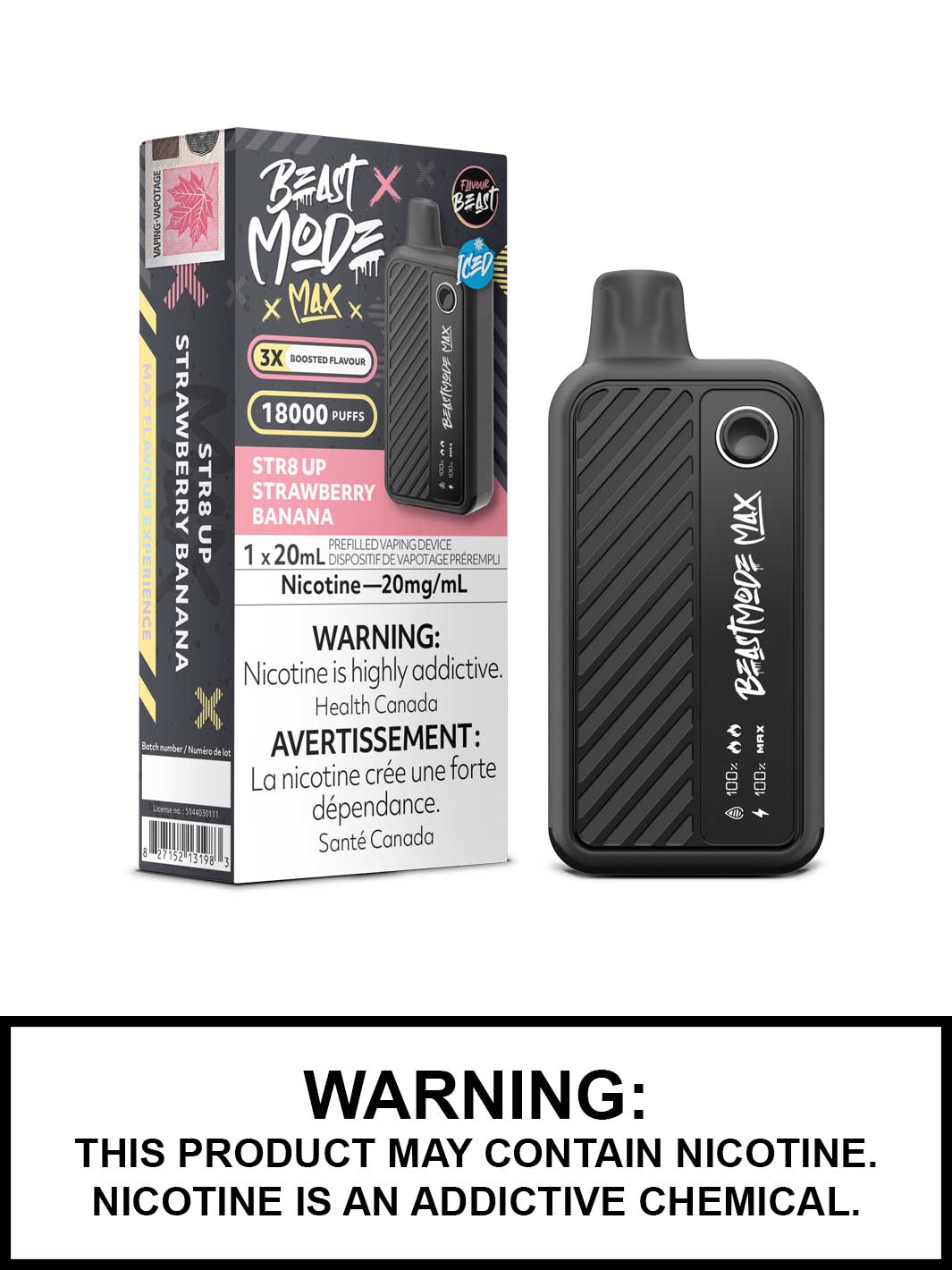 Str8 Up Strawberry Banana Iced Flavour Beast Beast Mode Max Disposable Vape, Vape360 Canada