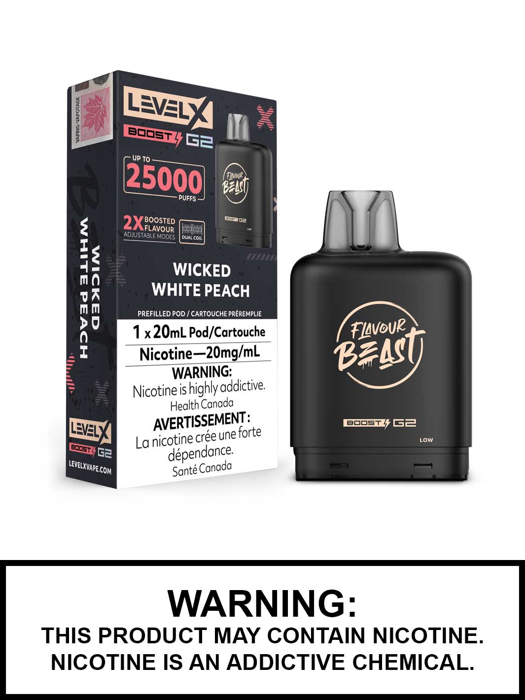 Wicked White Peach Flavour Beast Level X Boost G2 Pods, Level X Vape, Vape360 Canada